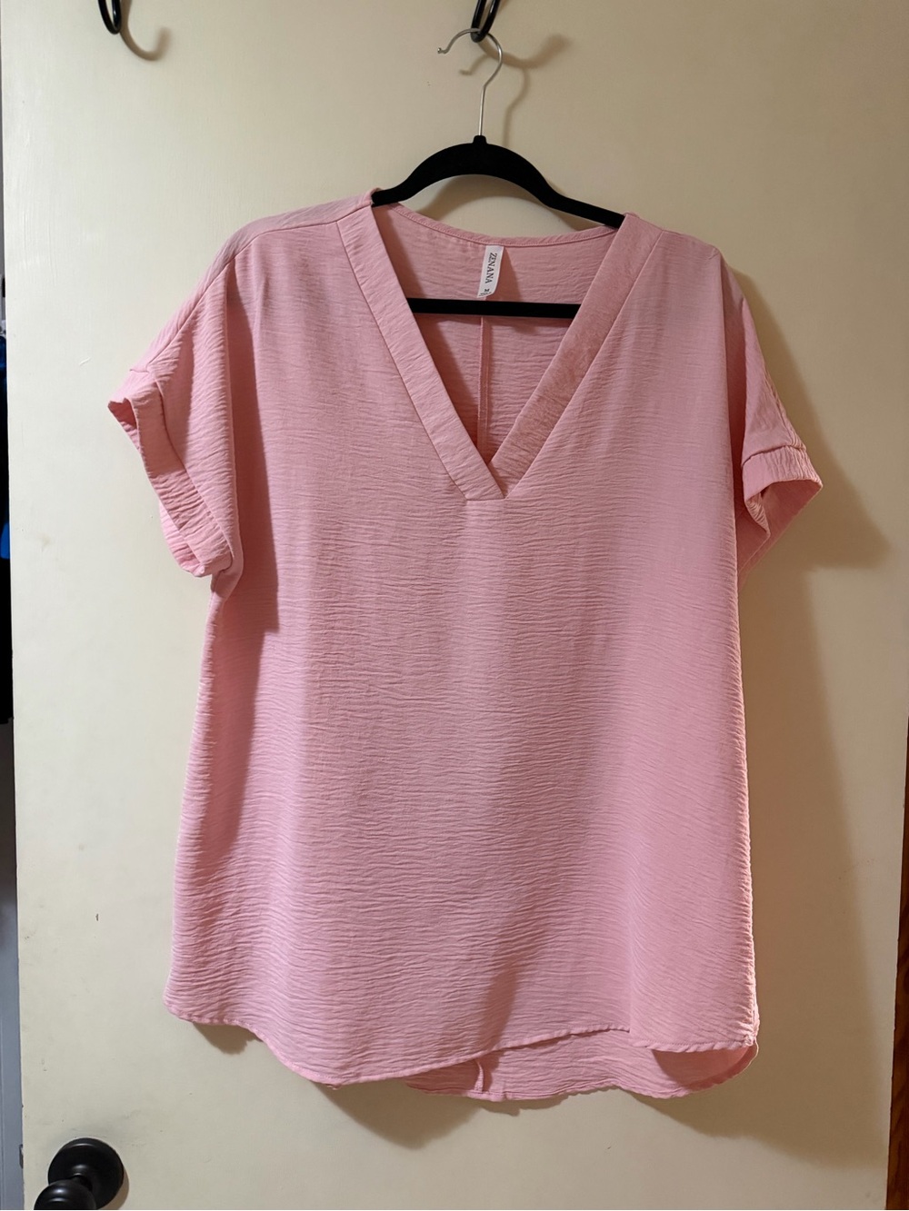 Zenana Outfitters Soft Pink V-Neck Short Sleeve Blouse